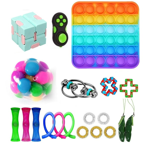 Stress Relief and Anti Anxiety Toys-Simple Dimple Fidget Spinner Silicone Game Gift for Special Need Kid Teen Adult Fidget Toys Set 19Pack Sensory Toy Box Push Pop Popping Fidget Toy 